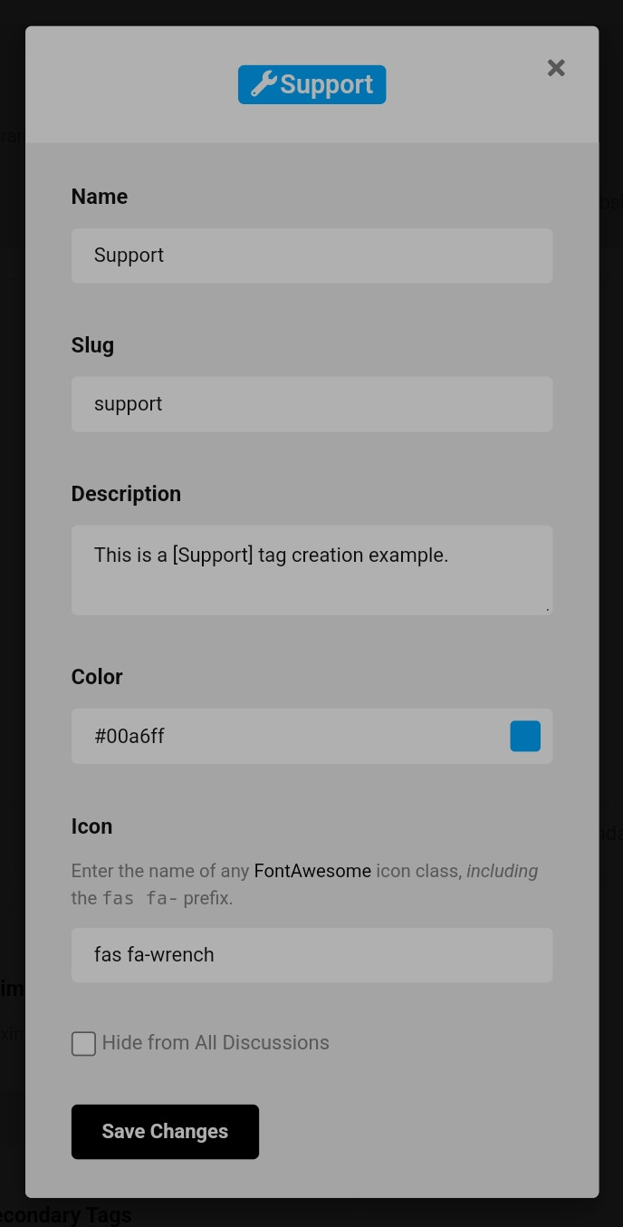 Support tag creation example